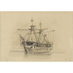 FRIGATE CONSTITUTION, GOUACHE PAINTING SAM SMITH