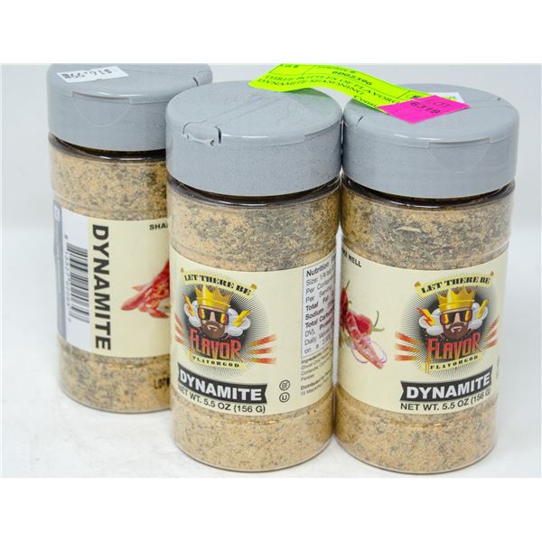 THREE BOTTLES OF FLAVORGOD DYNAMITE SEASONING