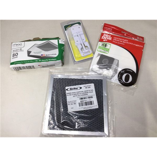 Lot of assorted vac bags, air king filter, envelopes and rv door catch