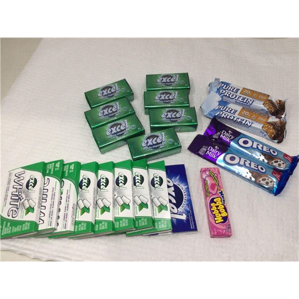 Lot of assorted gum, chocolate, mints, etc - 21 items