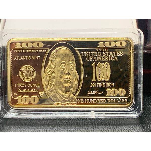 Atlantis Mint Benjamin Franklin USA .999 Fine 1 troy ounce iron wafer bar collector cased