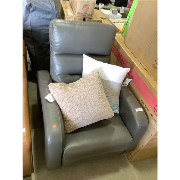 Grey Faux Leather Power Recliner w/ Throw Pillows