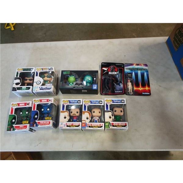 LOT OF COLLECTABLE FIGURES IN BOXES POP FIGURES MARVEL, MATRIX, BACK TO THE FUTURE, TALLADEGA NIGHTS