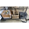 Image 1 : Brass and glass hanging light with 2 cedar crates and laptop bags