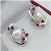 Image 2 : NEW STERLING SILVER GENUINE FRESH WATER PEARL AND RUBY EARRINGS W/ APPRAISAL $745