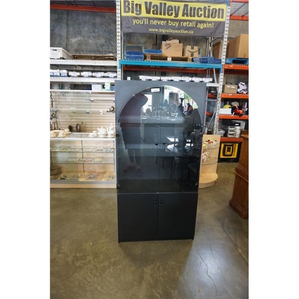 BLACK GLASS DOOR DISPLAY CABINET - 3 FOOT WIDE X 16 INCHES DEEP X 6 FOOT TALL