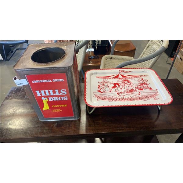 HILL BROS COFFEE TIN AND CAROUSEL METAL TRAY