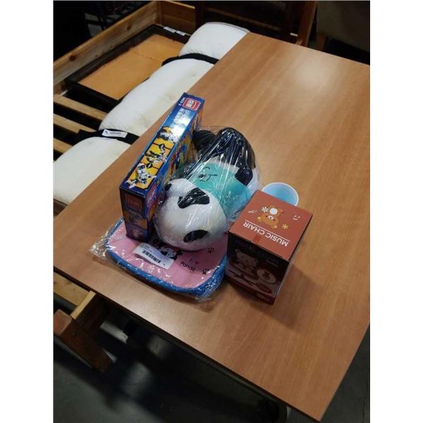 NEW PANDA ITEMS - BUILDING TOY, BACKPACK, MUSIC CHAIR FIGURE AND STUFFED DOLL