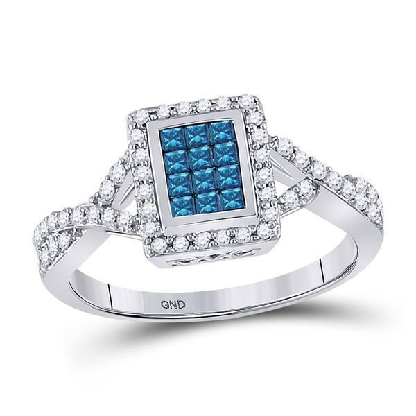 Princess Blue Color Enhanced Diamond Cluster Ring 1/2 Cttw 10KT White Gold