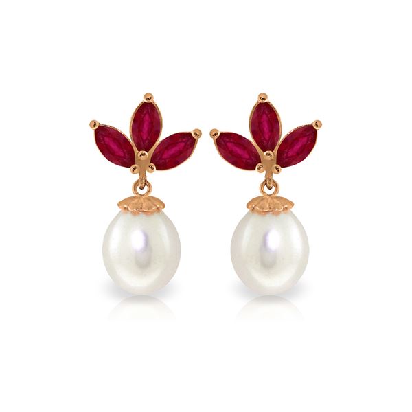 Genuine 9.5 ctw Ruby & Pearl Earrings 14KT Rose Gold - REF-35F2Z