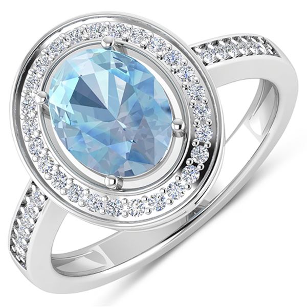 Natural 1.62 CTW Aquamarine & Diamond Ring 14K White Gold - REF-59M8T