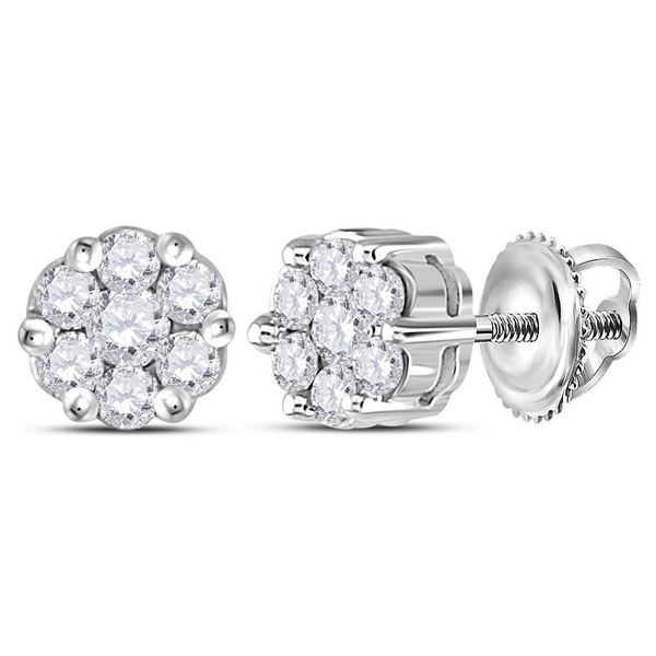 Round Diamond Flower Cluster Earrings 1/4 Cttw 14KT White Gold