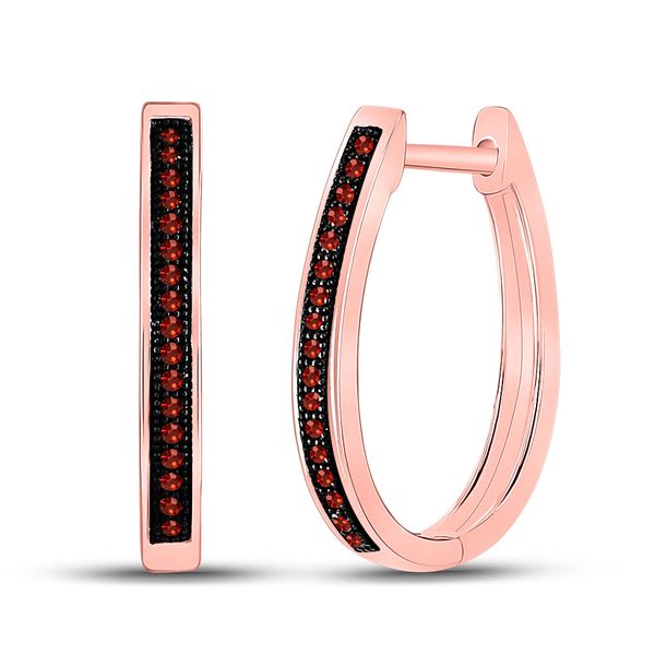 Round Red Color Enhanced Diamond Single Row Hoop Earrings 1/10 Cttw 10KT Rose Gold