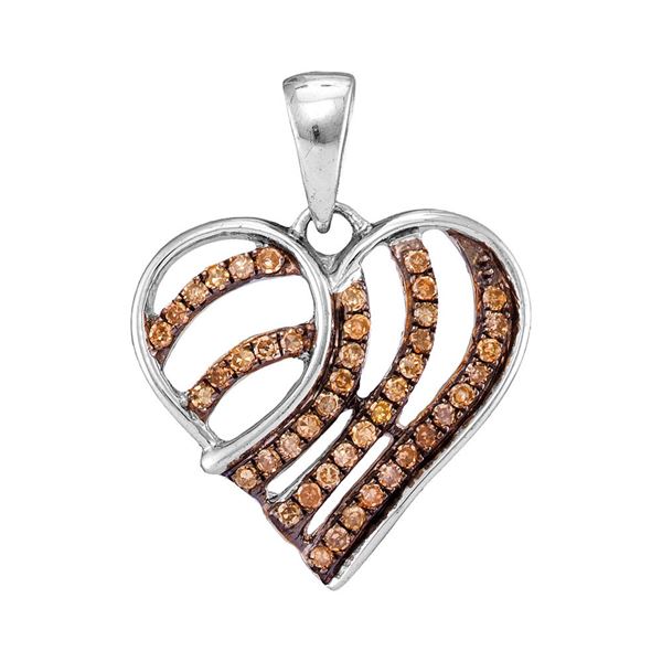 Round Brown Diamond Striped Heart Pendant 1/4 Cttw 10KT White Gold