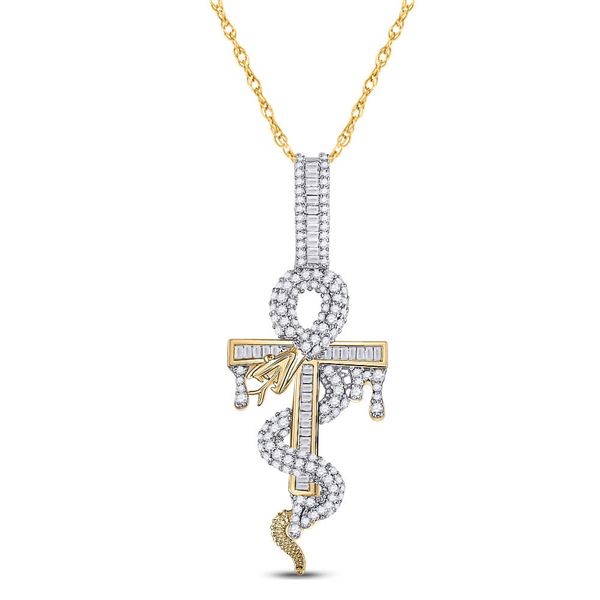 Baguette Diamond Snake Ankh Cross Charm Pendant 1-1/5 Cttw 10KT Yellow Gold