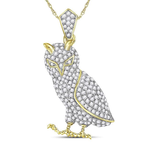 Round Diamond Owl Bird Animal Charm Pendant 1 Cttw 10KT Yellow Gold