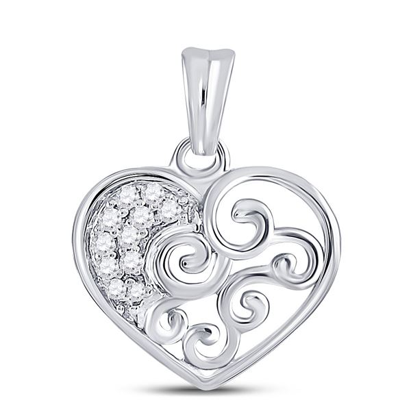 Round Diamond Curl Heart Pendant 1/12 Cttw 10KT White Gold