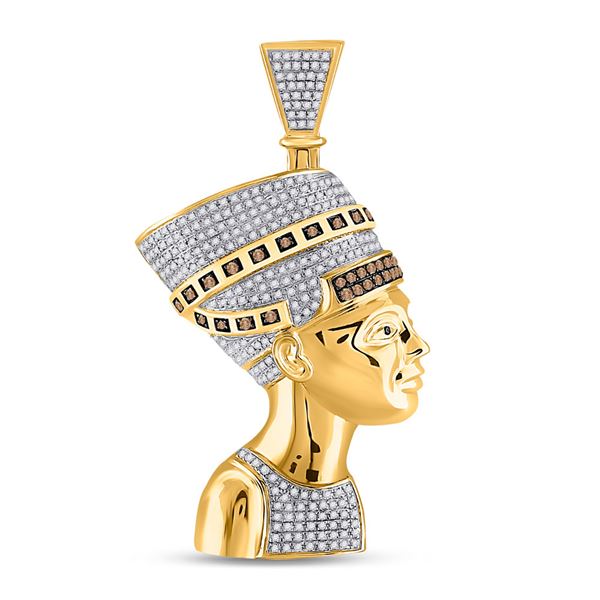 Round Red Color Enhanced Diamond Pharaoh Nefertiti Pendant 1 Cttw 10KT Yellow Gold