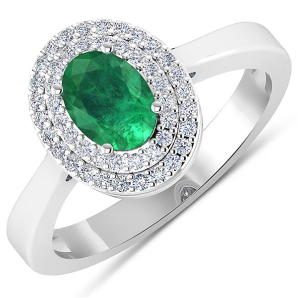 Natural 0.78 CTW Zambian Emerald & Diamond Ring 14K White Gold - REF-37H9M