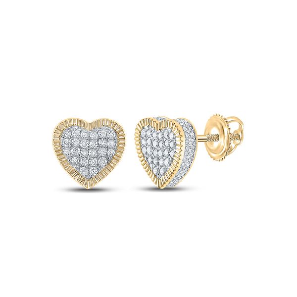 Round Diamond Heart Fluted Cluster Stud Earrings 7/8 Cttw 10KT Yellow Gold