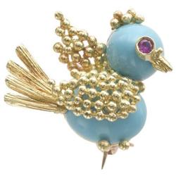 Turquoise, Ruby, Gold Bird Pin