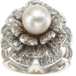 Diamond, Cultured Pearl, White Gold Flower Ring