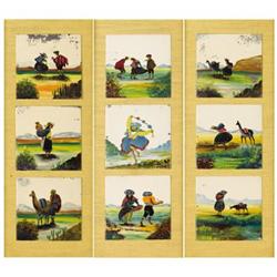 Three sets of framed pictures