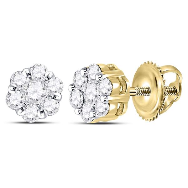 Round Diamond Flower Cluster Earrings 1/2 Cttw 14KT Yellow Gold