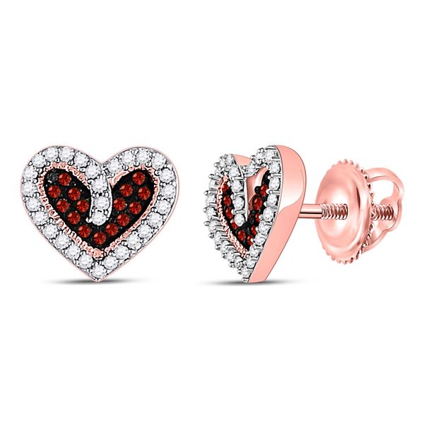 Round Red Color Enhanced Diamond Heart Stud Earrings 1/5 Cttw 10KT Rose Gold