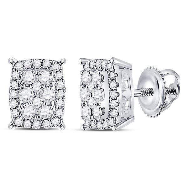 Round Diamond Rectangle Cluster Earrings 1/4 Cttw 14KT White Gold