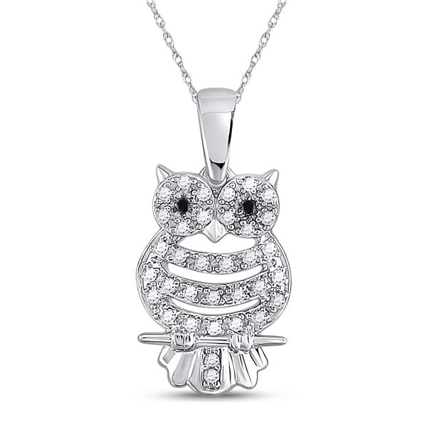 Round Black Color Enhanced Diamond Owl Bird Animal Pendant 1/6 Cttw 10KT White Gold