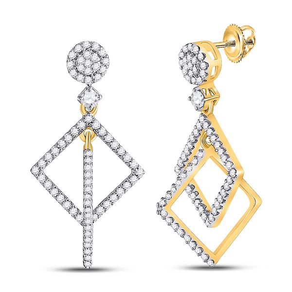 Round Diamond Diagonal Square Dangle Earrings 3/8 Cttw 10KT Yellow Gold