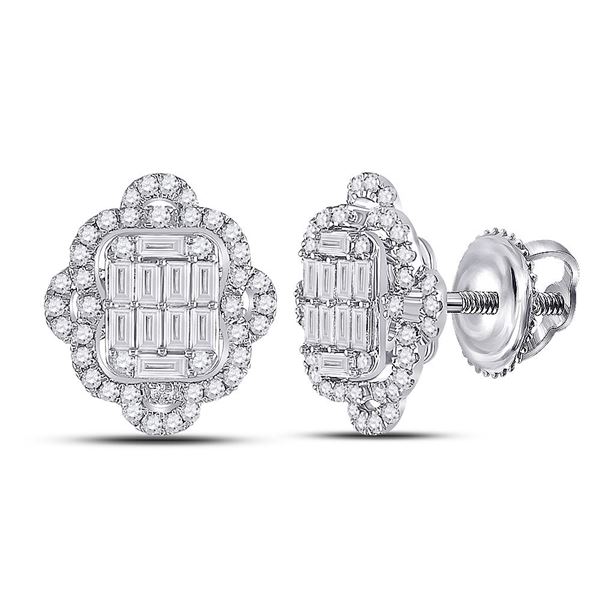 Baguette Diamond Quatrefoil Cluster Earrings 1 Cttw 14KT White Gold