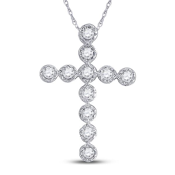 Round Diamond Paternoster Cross Pendant 1/8 Cttw 14KT White Gold