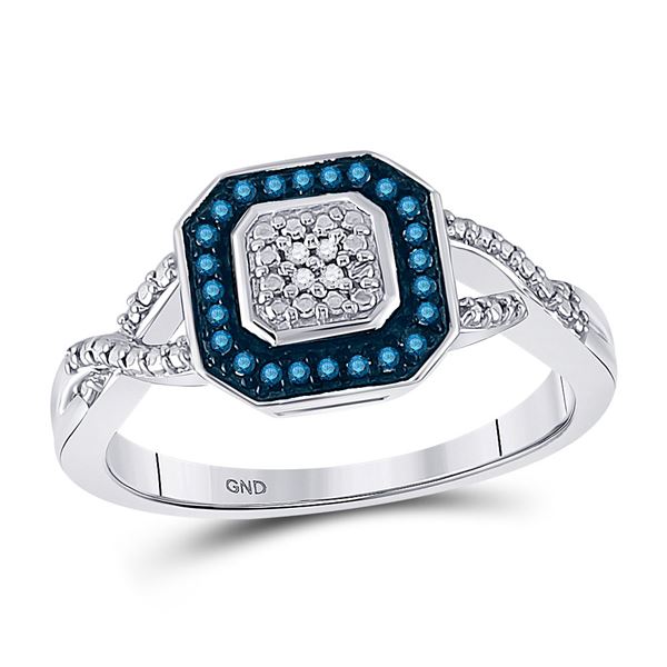 Round Blue Color Enhanced Diamond Octagon Ring 1/10 Cttw 10KT White Gold