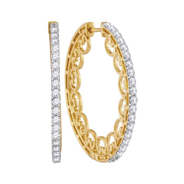 Round Diamond Single Row Luxury Hoop Earrings 1 Cttw 10KT Yellow Gold