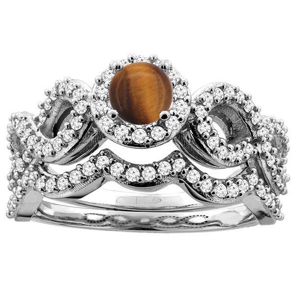 1.10 CTW Tiger Eye & Diamond Ring 14K White Gold - REF-93W5F