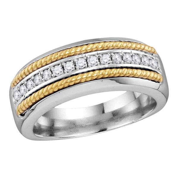 Round Pave-set Diamond Yellow-tone Rope Wedding Band 1/3 Cttw 14KT Two-tone Gold