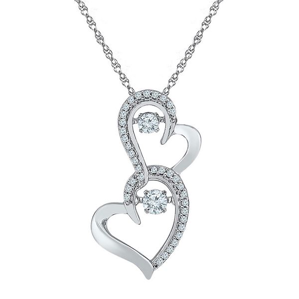 Round Diamond Moving Twinkle Solitaire Double Heart Pendant 1/4 Cttw 10KT White Gold