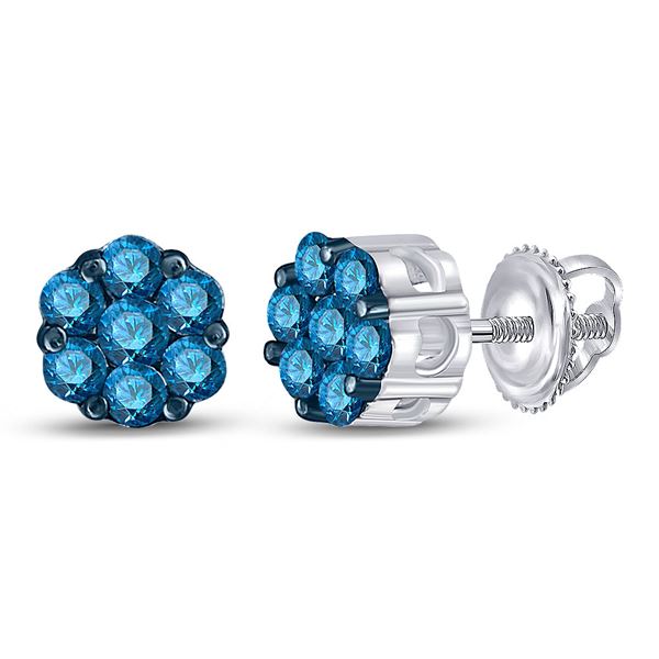 Round Blue Color Enhanced Diamond Cluster Earrings 1/2 Cttw 10KT White Gold