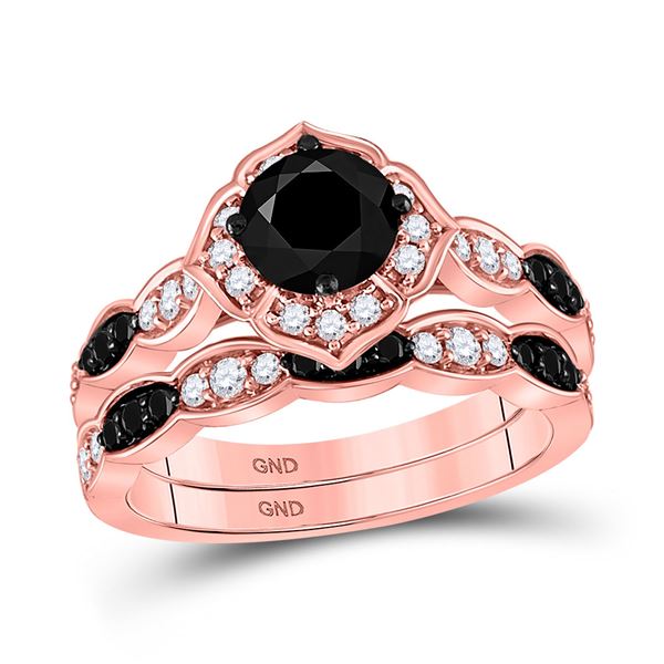 Round Black Color Enhanced Diamond Bridal Wedding Ring Band Set 2 Cttw 14KT Rose Gold