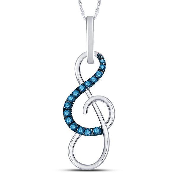 Round Blue Color Enhanced Diamond Treble Clef Music Pendant 1/10 Cttw 10KT White Gold