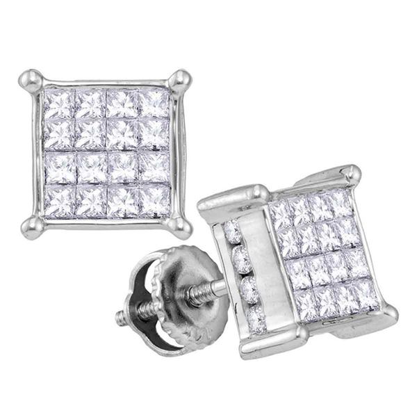 Princess Diamond Square Cluster Earrings 1-1/2 Cttw 14KT White Gold