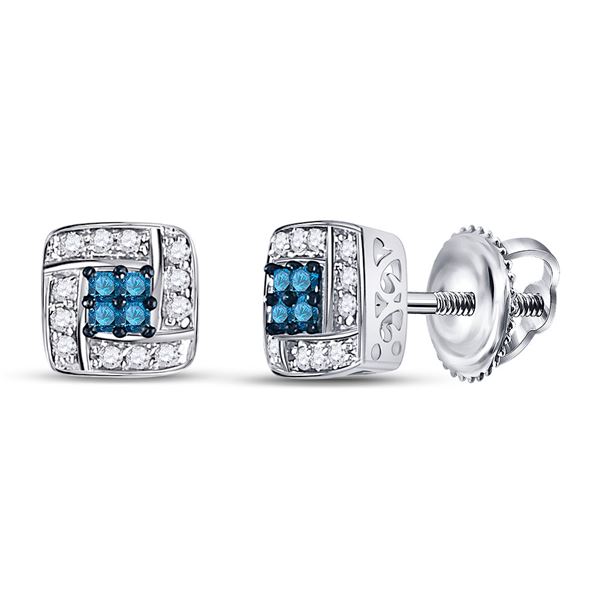 Princess Blue Color Enhanced Diamond Square Earrings 1/6 Cttw 10KT White Gold