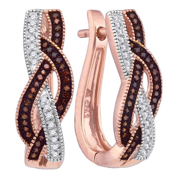 Round Red Color Enhanced Diamond Woven Hoop Earrings 1/4 Cttw 10KT Rose Gold