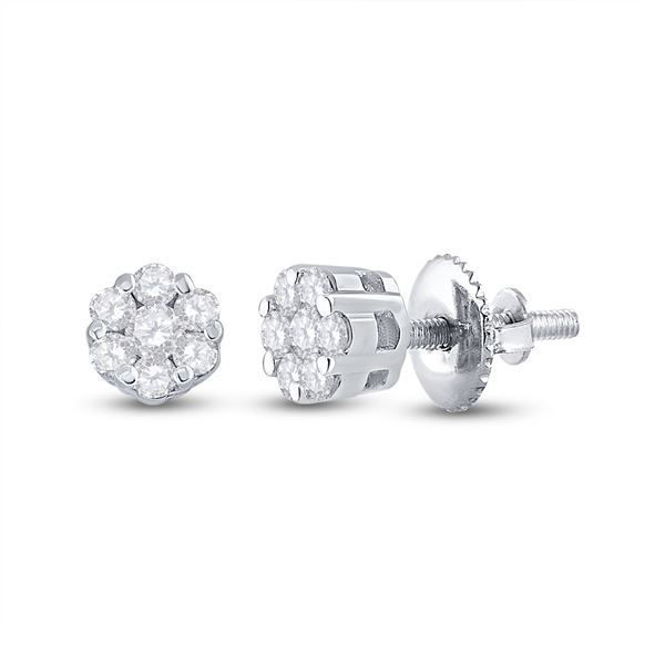 Round Diamond Flower Cluster Earrings 1/10 Cttw 10KT White Gold