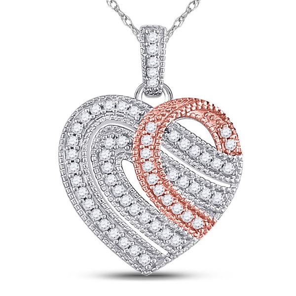 Round Diamond Heart Milgrain Stripe Pendant 1/5 Cttw 10KT Two-tone Gold