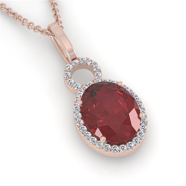 4 ctw Garnet & Micro Pave Halo VS/SI Diamond Necklace 14k Rose Gold - REF-33A8N