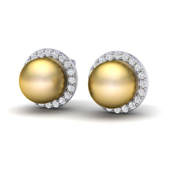 0.50 ctw Micro Pave Diamond & Golden Pearl Earrings 18k White Gold - REF-46X5A