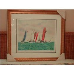 "La Regate" by Alain Bouju colored lithograph with certificate